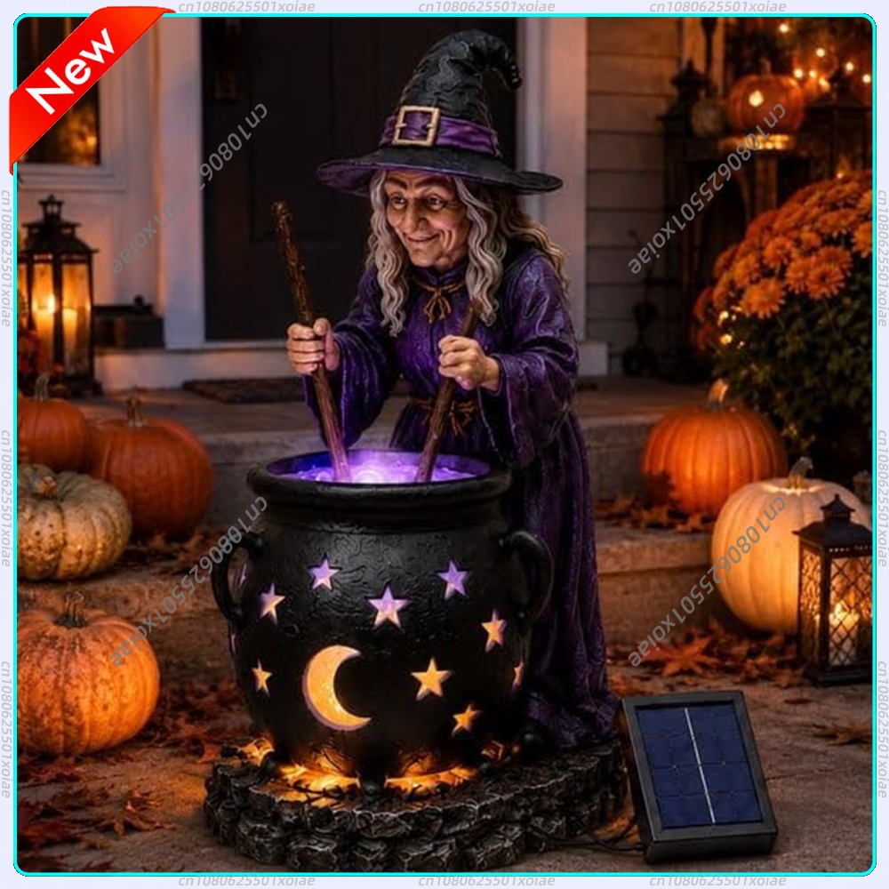 Outdoor Lighting Ip65 - 太陽光発電式ハロウィーン魔女鍋型ガーデンライト、樹脂製置物、屋外装飾、光る星と月、庭用