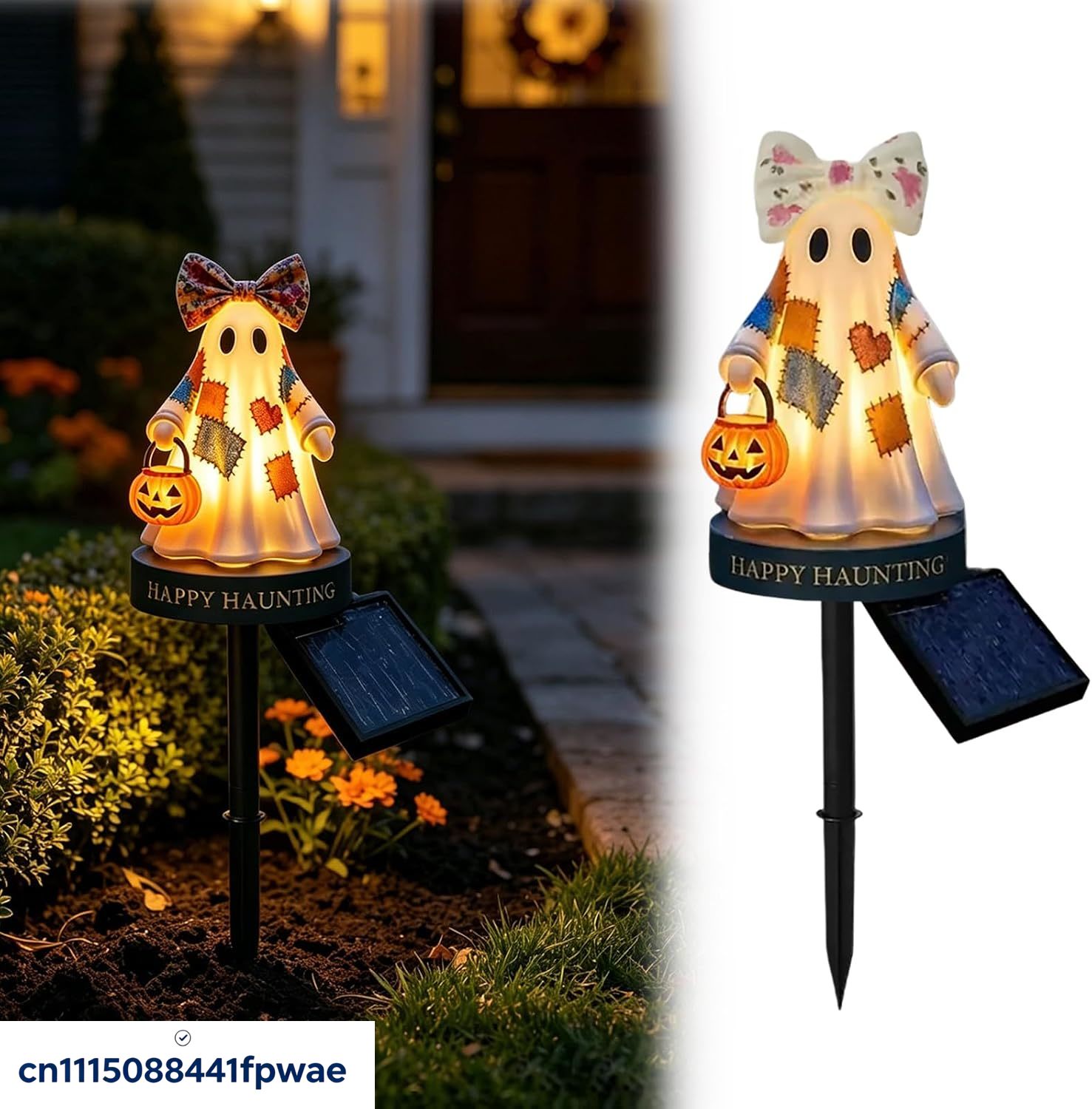 Outdoor Lighting Pathway - 屋外用ソーラーハロウィーン装飾、暖色系のLEDライト付きパッチワークガーデンステーク、庭や芝生に設置できるパンプキンランタン付きの通路ライト。