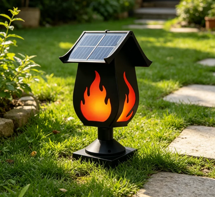 Outdoor Lighting Waterproof - ソーラー式の柱型ライト。炎を模したデザインで、屋外での使用に適しており、防水機能付き。庭や中庭、景観の装飾に最適。