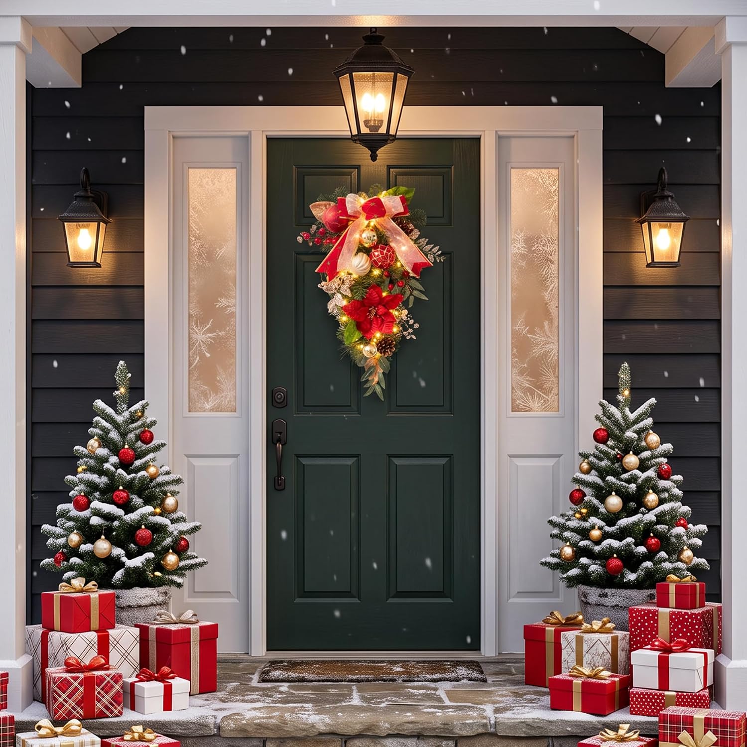 Outdoor Lighting Effects - ガーヴィー 24インチ クリスマスツリー（逆さま）装飾品、20個のLEDライト付き、ドアに吊るして飾る、屋外ガーデン装飾、クリスマス装飾。