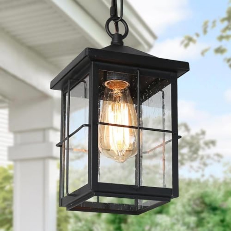 Outdoor Lighting Black - 屋外用ペンダントライト器具、ファームハウスブラック防錆天井屋外照明器具、シードガラス付き、外装スクエアハンギングランテ