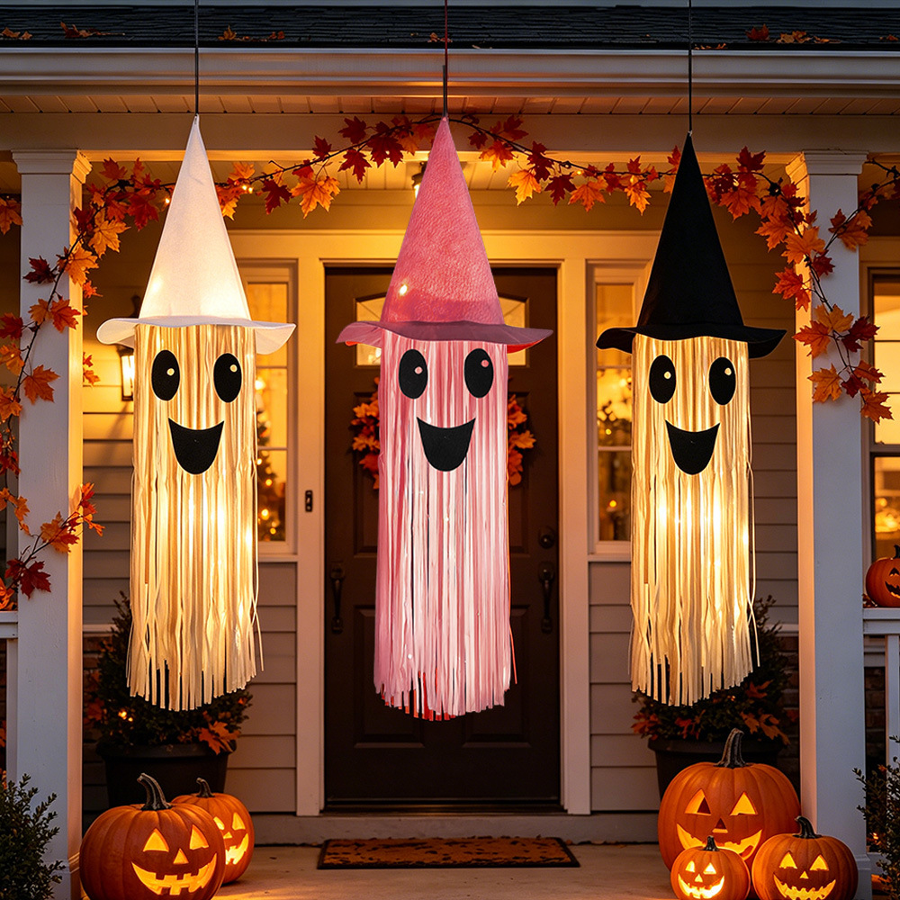 Outdoor Lighting Effects - ハロウィン光る魔女帽子ゴーストタッセル吊り下げ装飾、LEDライトゴーストペンダント、屋外の木や庭のハロウィンパーティー用