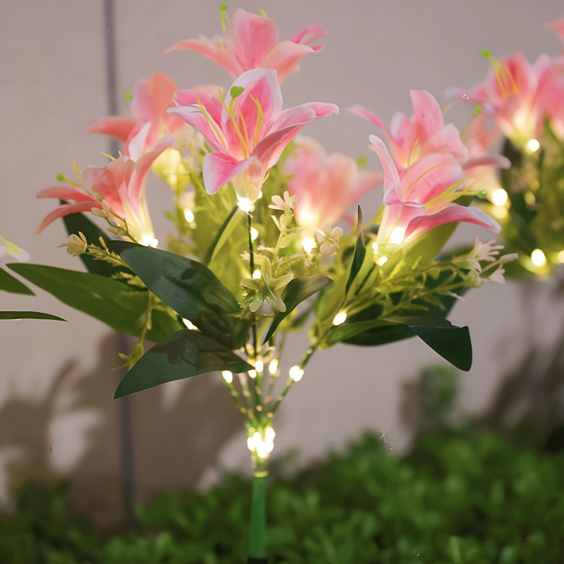 Outdoor Lighting Effects - マルチブルームピンクリリーソーラーガーデンステークライト、光るリリーブーケLEDランプ、屋外芝生用ロマンチックな花の景観装飾