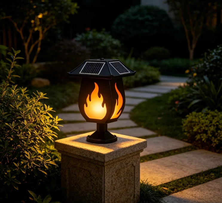 ソーラー式の柱型ライト。炎を模したデザインで、屋外での使用に - Outdoor Lighting Waterproof のレビューと価格
